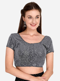 Amrutam Fab - Womens Sequences Work Grey Net Stiched Blouse With Round Neck