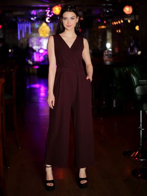 Sera Women Wine Printed Waist Tie-Ups V-Neck Playsuit Jumpsuit