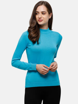 98 Degree North - Blue Solid High Neck Sweaters