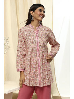 Biba - Womens Pink Cotton Relaxed Printed Short Kurtis