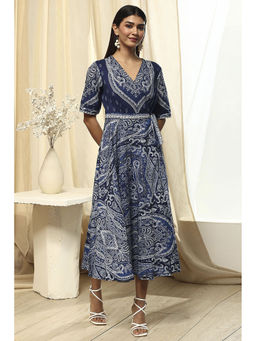 Biba - Womens Indigo Cotton Flared Printed Dress