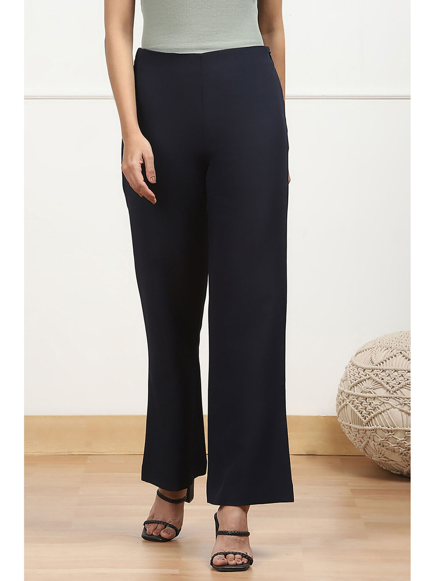 Womens Navy Blue Solid Relaxed Fit Pant-image-18