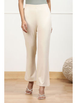 Biba - Womens Beige Solid Stretchable Relaxed Fit Pant