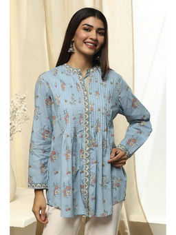 Biba - Womens Dull Blue Cotton Straight Printed Short Kurtis