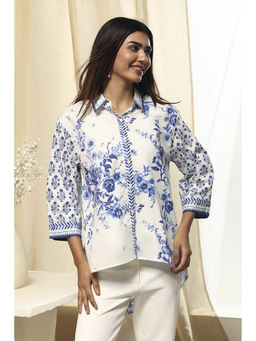 Biba - Womens White-Blue Cotton Straight Printed Shirt