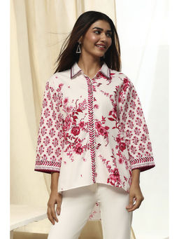 Biba - Womens White-Pink Cotton Straight Printed Shirt