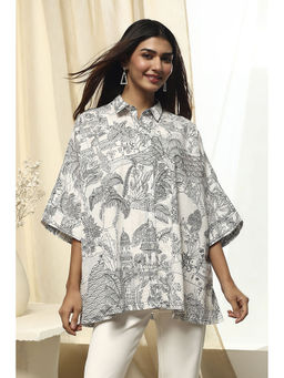 Biba - Womens Off White Cotton Straight Printed Shirt