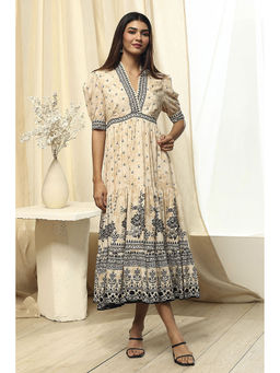 Biba - Womens Beige Cotton Tiered Printed Dress