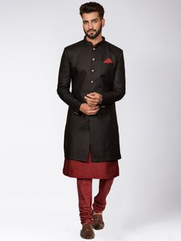 KISAH - Mens Black Kurta Sherwani Churidar (Set of 3)