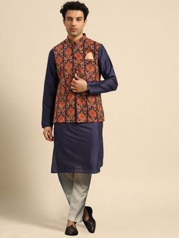 KISAH - Mens Navy Blue Kurta Jacket Trousers (Set of 3)