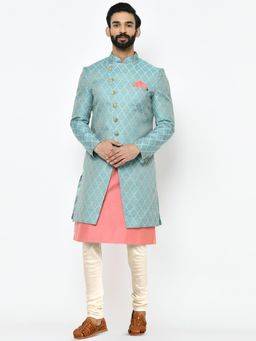 KISAH - Mens Blue Kurta Sherwani Churidar (Set of 3)