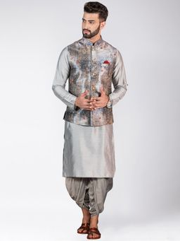 KISAH - Mens Grey Kurta Jacket Dhoti Pants (Set of 3)