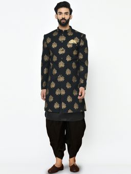 KISAH - Mens Black Kurta Sherwani Dhoti Pants (Set of 3)