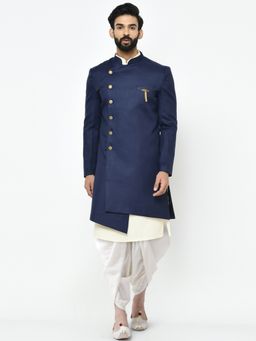 KISAH - Mens Navy Blue Kurta Sherwani Dhoti Pants (Set of 3)