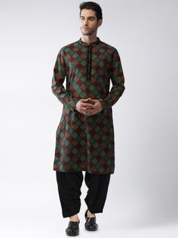 KISAH - Men Multi Coloured Printed Cotton Blend Kurta Patiyala Set with Gundi Buttons