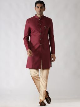 KISAH - Men Maroon Solid Cotton Blend Indowestern Sherwani Trouser Set with Zari Design