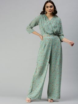 SHOWOFF - Women Above Knee V-Neck Green Floral Co-Ord (Set of 2)