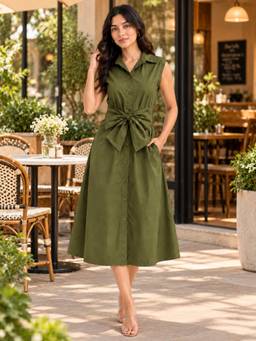WineRed - Olive Self-Tie Bow Detailing Dress
