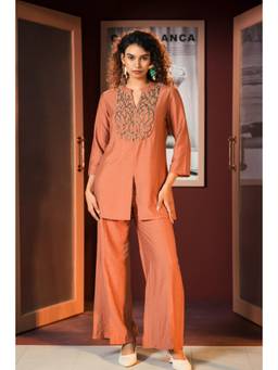 Sheczzar - Rust Orange Cotton Silk Handwork Co-Ord Set For Women