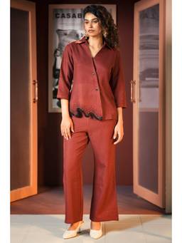 Sheczzar - Rust Zigzag Handwork Blazer-Style Co-Ord Set For Women