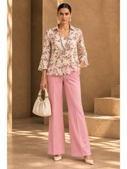 Sheczzar - Ivory Pink Floral Georgette Chiffon Three-Piece Co-Ord Set For Women