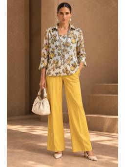 Sheczzar - Ivory Mustard Floral Georgette Chiffon Three-Piece Co-Ord Set For Women