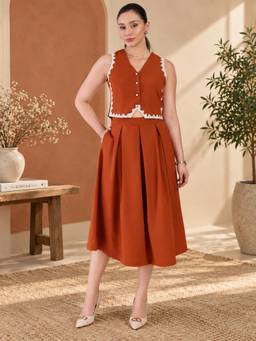 WineRed - Women Rust Vest And Skirt
