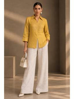 Sheczzar - Mustard Yellow Pure Linen Handwork Shirt And Trouser