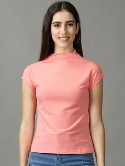 SHOWOFFFF - Womens Half Sleeves High Neck Coral Solid Top