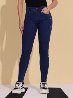 DOLCE CRUDO - Women's Skinny Fit Eyelet Detailing Navy Blue Denim Jeans