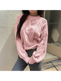Outzidr - Pink Textured Round Neck Sweater