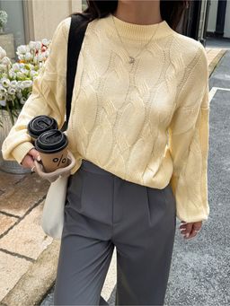 Outzidr - Cream Textured Round Neck Sweater