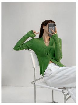 Outzidr - Green Full Sleeve V Neck Wrap Pullover Sweater