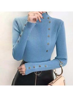 Outzidr - Blue Full Sleeve Button Trim Sweaters