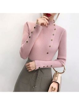 Outzidr - Pink Full Sleeve Button Trim Sweaters