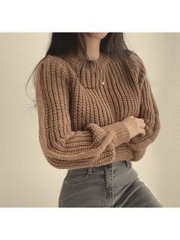 Outzidr - Brown Puff Sleeve Chunky Sweater