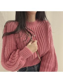 Outzidr - Pink Puff Sleeve Chunky Sweater