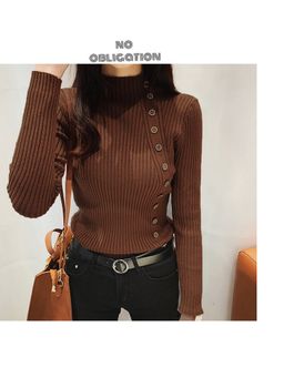 Outzidr - Brown Full Sleeve Button Trim Sweaters