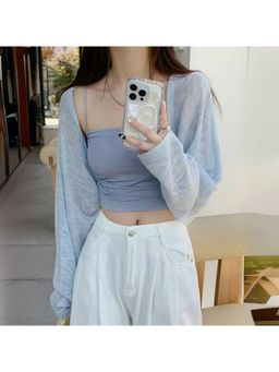 Outzidr - Light Blue Full Sleeve Cropped Slouchy Cardigan