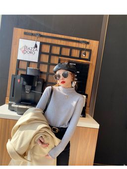 Outzidr - Grey Full Sleeve Scallop Hem Sweater