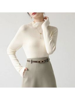 Outzidr - Cream Full Sleeve High Neck Fitted Sweater