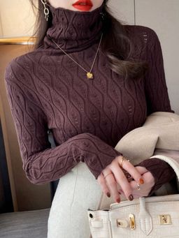 Outzidr - Brown Full Sleeve Textured Turtle Neck Sweater