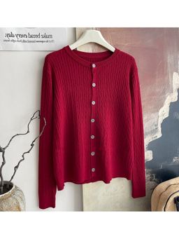 Outzidr - Red Full Sleeve Front Buttoned Cardigan