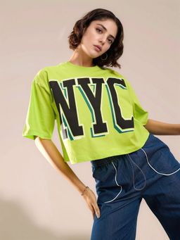 Outzidr - Green Short Sleeve Printed Typography T-Shirt