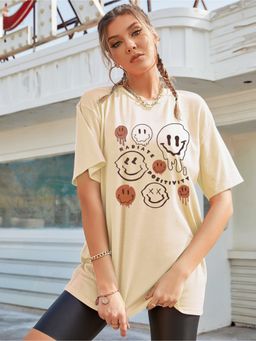 Outzidr - Cream Oversized Graphic Printed T-Shirt