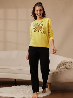 Clovia - Women Yellow Graphic Sweatshirt and Pyjama