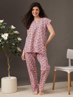 Clovia - Women Pink Floral Top and Pyjama
