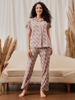 Clovia - Women Pink Floral Shirt and Pyjama