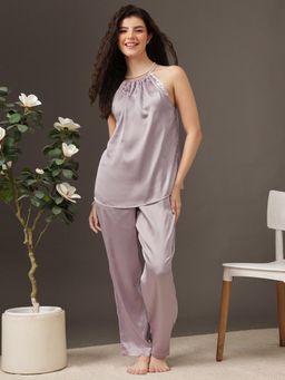 Clovia - Women Purple Solid Satin Top with Pyjama & Robe