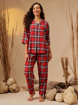 Clovia - Women Red Checks Shirt and Pyjama